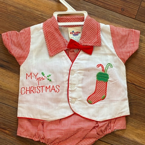 Vintage Cradle Togs My 1st Christmas Red Gingham Baby Outfit 0–6 Months - Picture 2 of 10